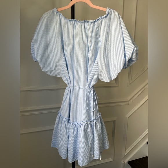 MON-RENN Australia Light Blue Striped Puff-Sleeve Midi Dress Size L - Picture 3 of 5